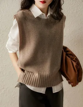 2024 Spring And Autumn New Round Neck Solid Color Side Button Anti-Pilling Women's Slim Vest Sweater