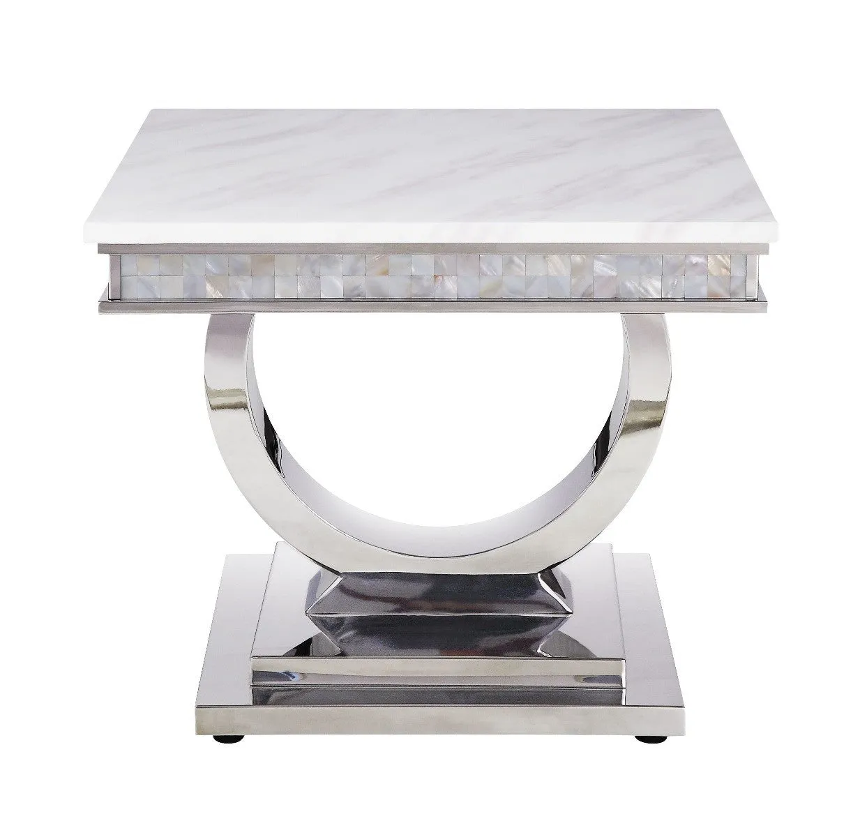 20" Silver And White Marble Look Stainless Steel Square End Table By Homeroots