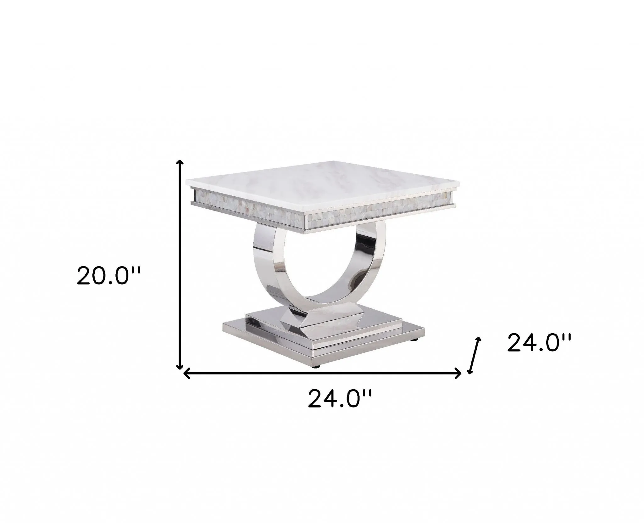 20" Silver And White Marble Look Stainless Steel Square End Table By Homeroots