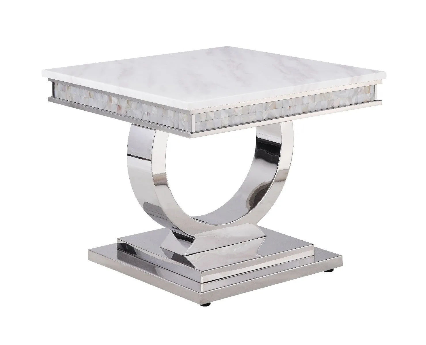 20" Silver And White Marble Look Stainless Steel Square End Table By Homeroots