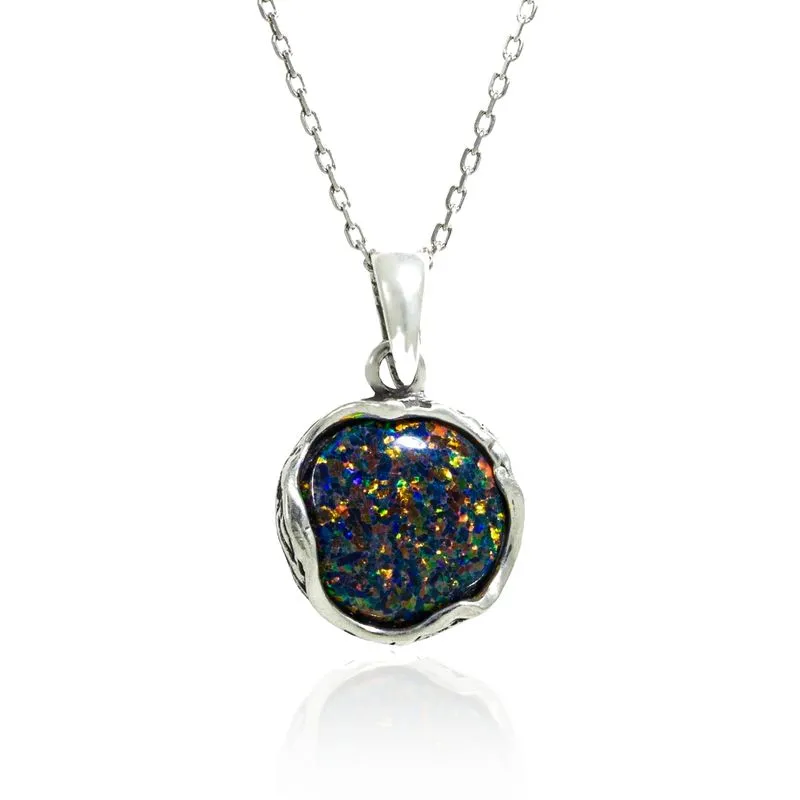 925 Sterling Silver Black Opal Vintage Style 12mm Pendant