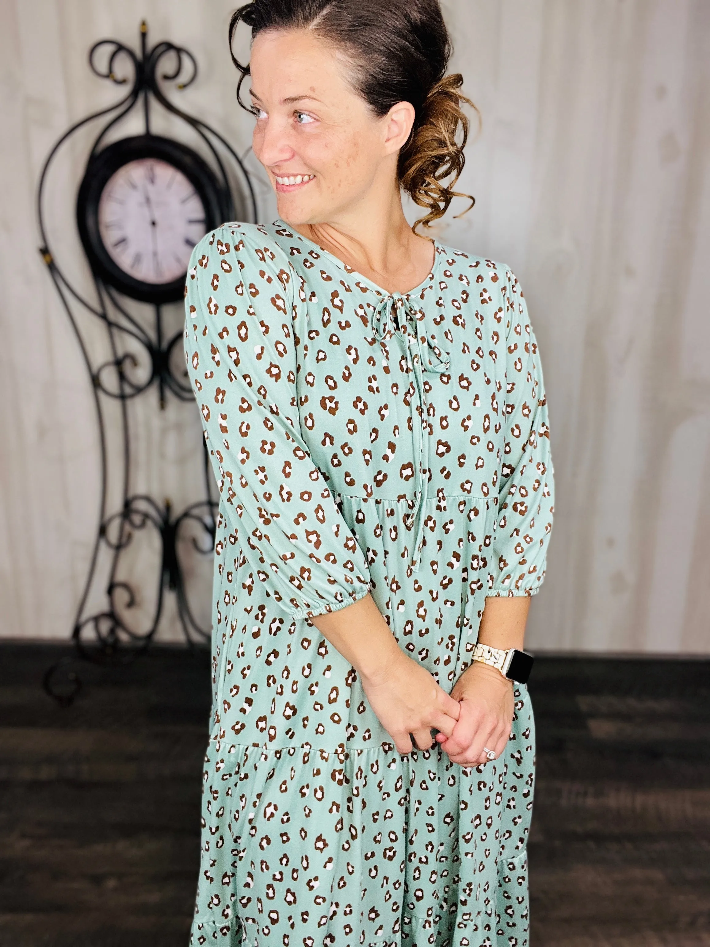 Cassie Marie Tiered Boho Style Dress-Mint Leopard