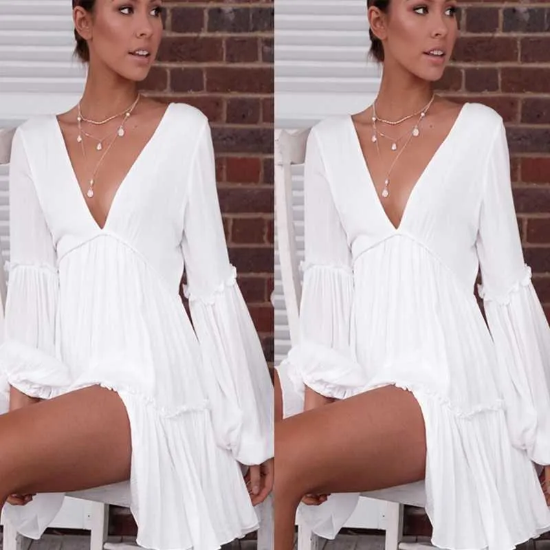 Casual Ruffle Trimmed Long Puff Sleeve V Cut Out Back V Neck Dress