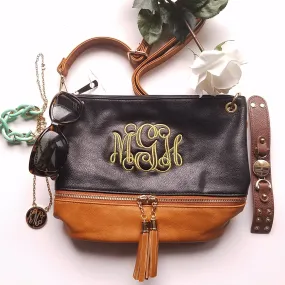 Monogrammed 2 toned zippered tassel Black Coffee Cross body