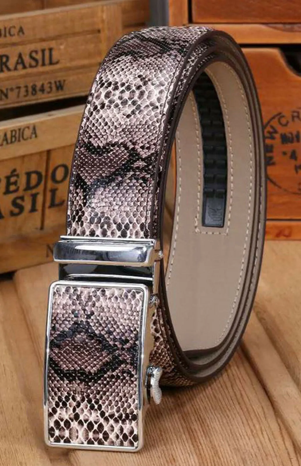 MROYALE™ Faux Snake Skin Embossed Leather Ratchet Belt | Men's Snake Automatic Buckle