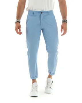 Pantaloni Uomo Lungo Tinta Unita Classico Elegante Tasca America Azzurro GIOSAL-P5864A