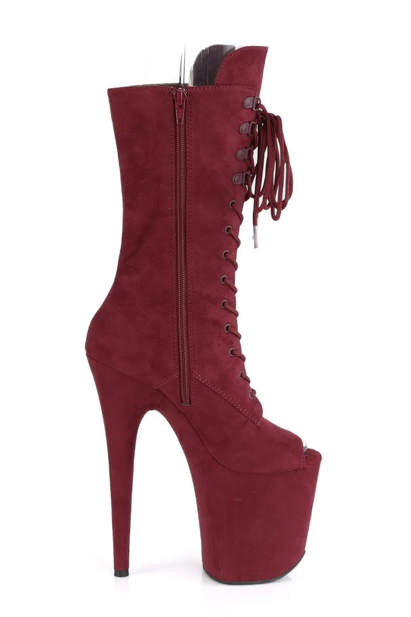 Pleaser USA Flamingo-1051FS Faux Suede 8inch Peep Toe Pleaser Boots - Burgundy