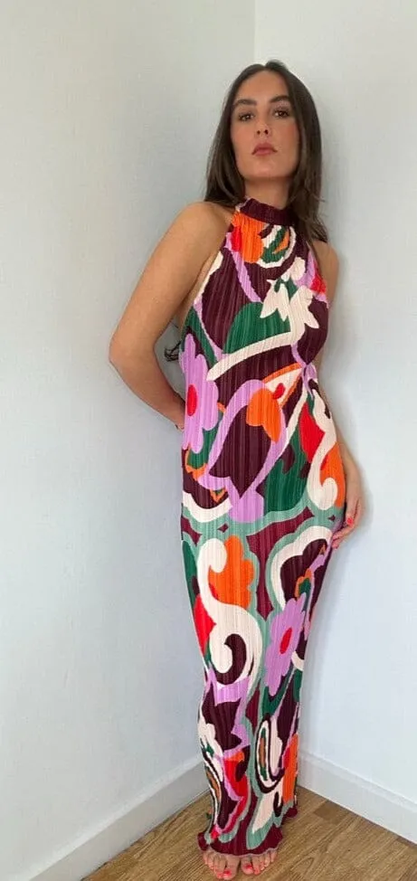 Plisse Retro Print Maxi Dress