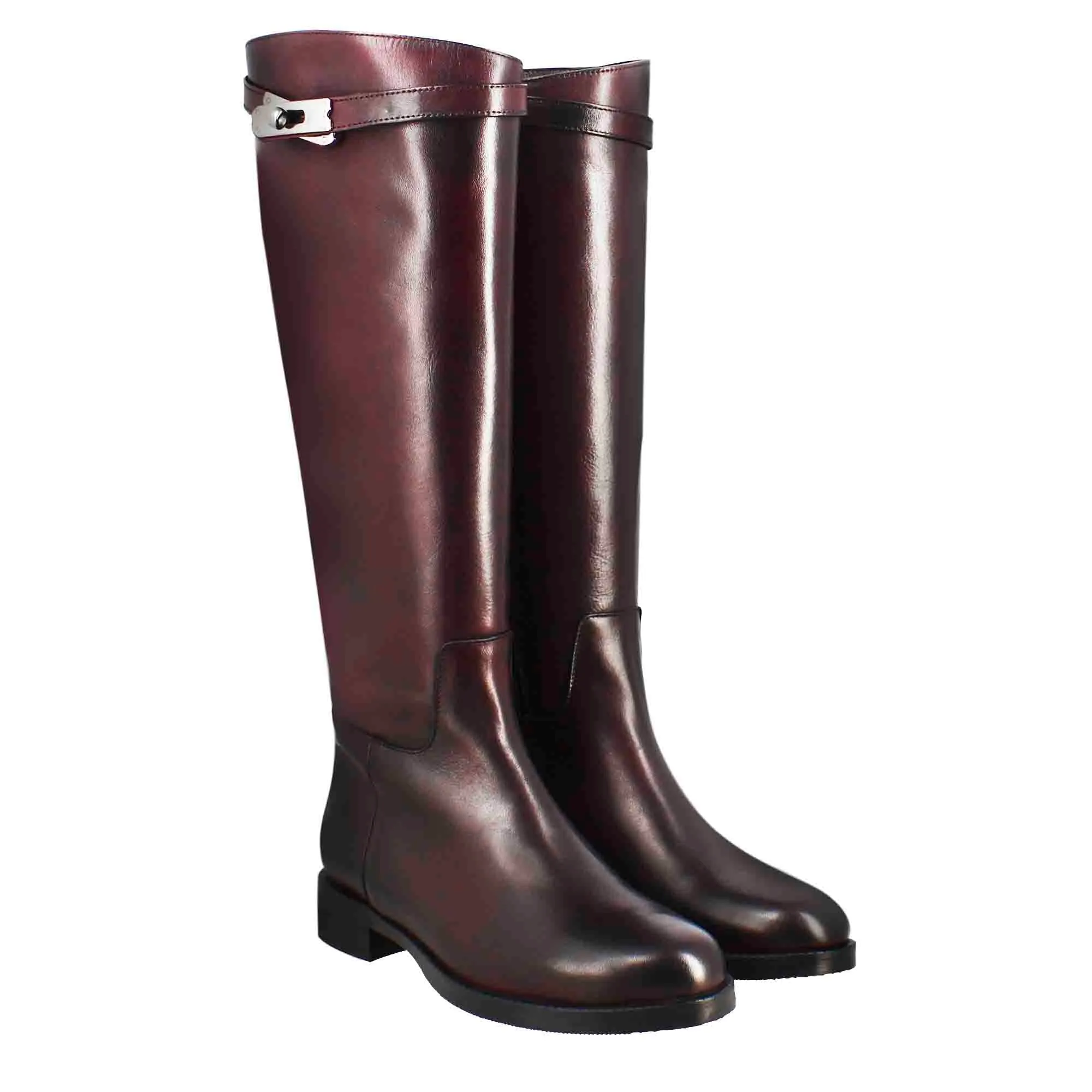 Stivale al ginocchio da donna liscio con tacco basso in pelle colore bordeaux