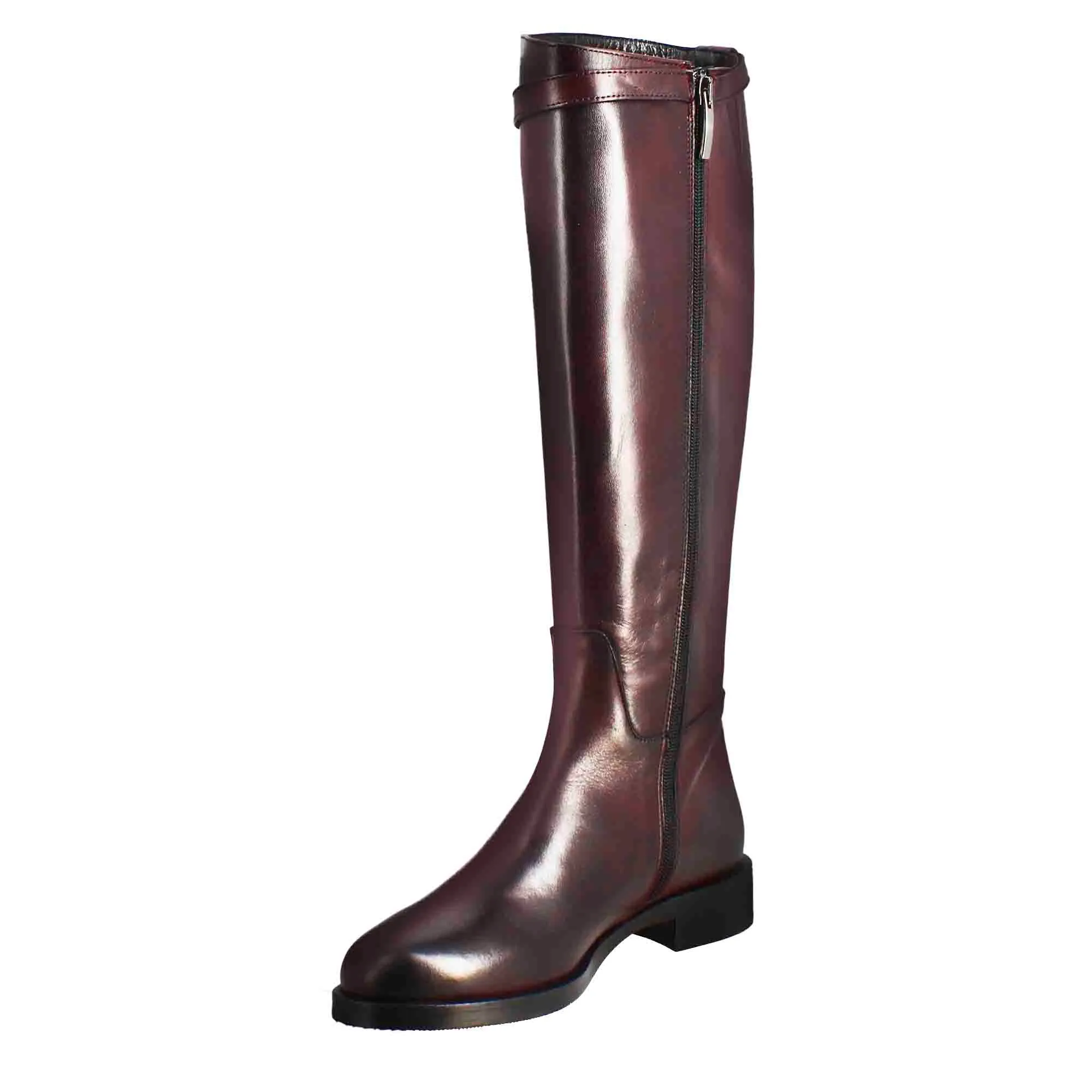 Stivale al ginocchio da donna liscio con tacco basso in pelle colore bordeaux