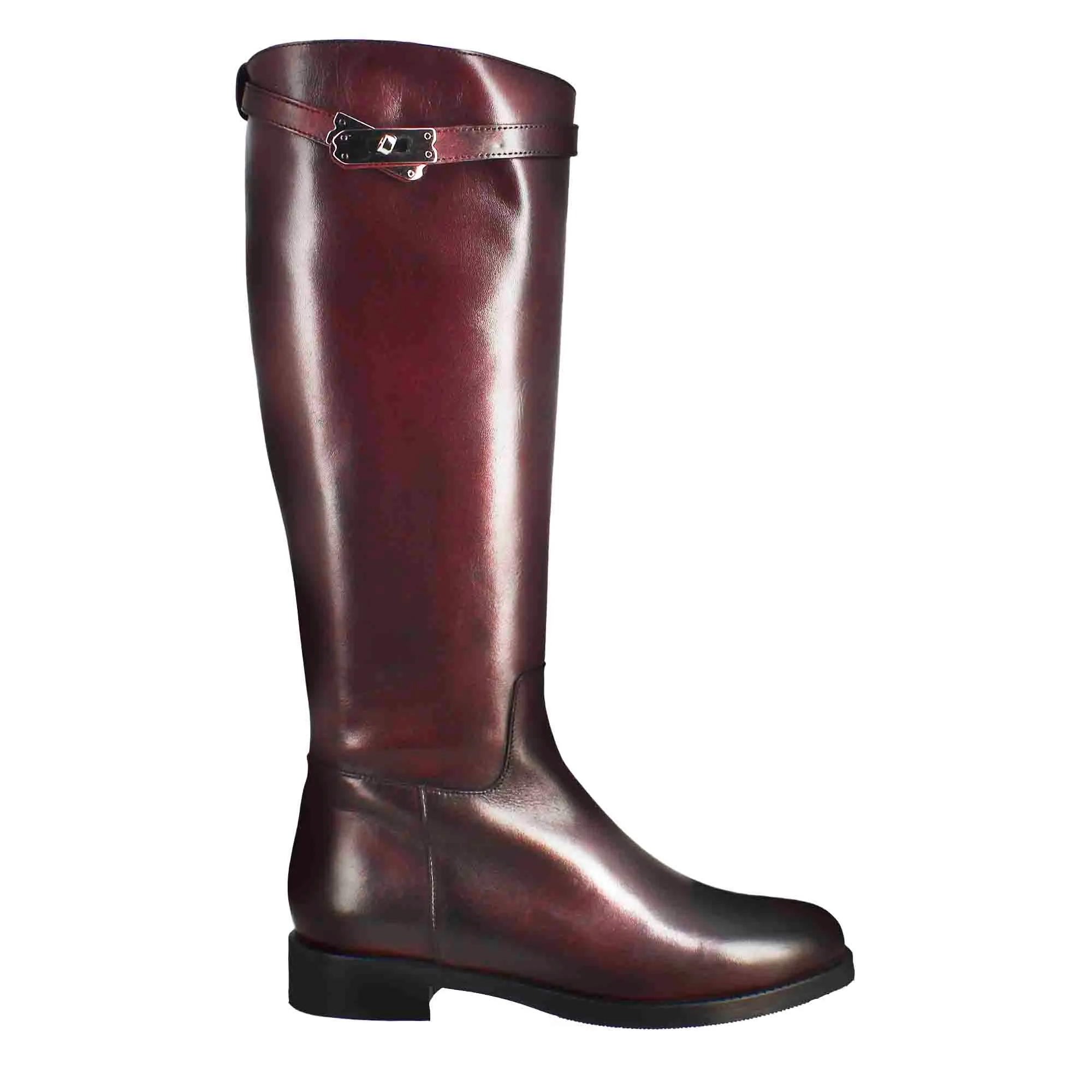 Stivale al ginocchio da donna liscio con tacco basso in pelle colore bordeaux